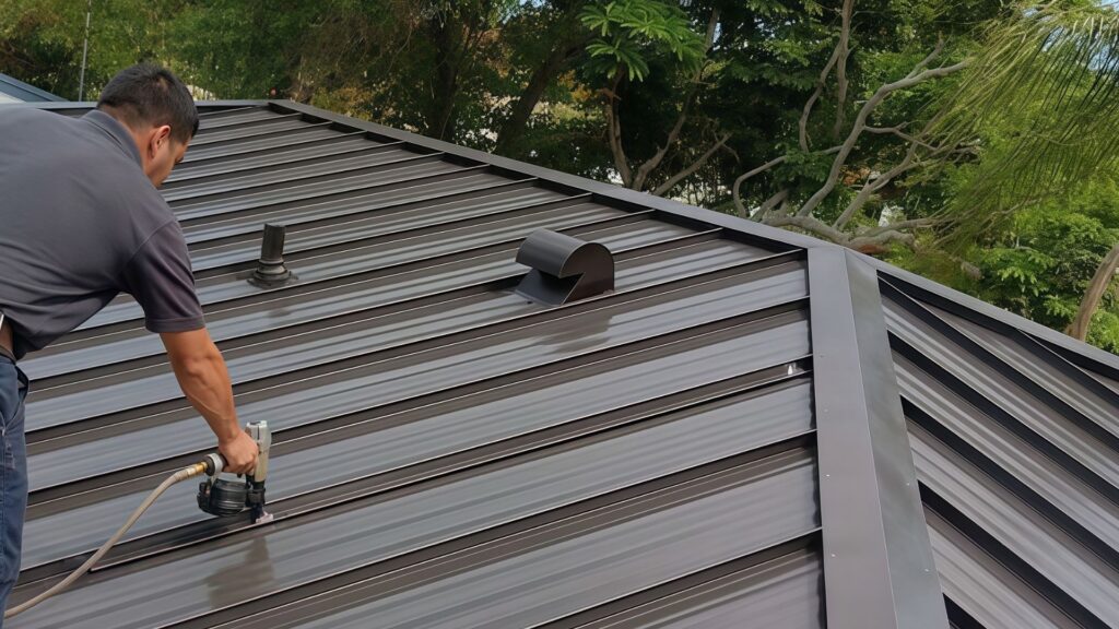 Visible oil canning on standing seam metal roofing panels on commercial building