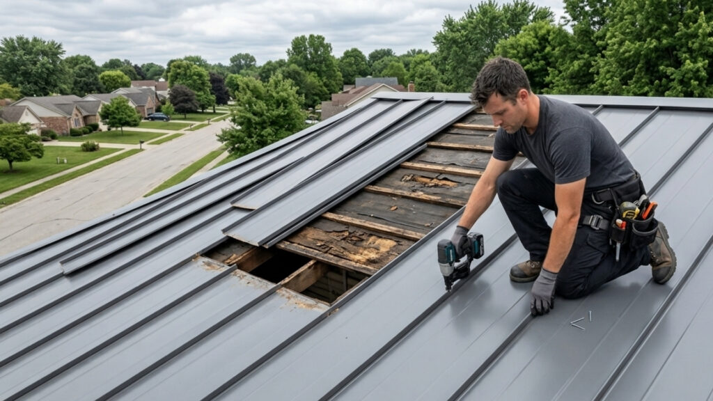 Roofing crew dealing with installation delays caused by inconsistent metal roofing panels on a commercial project.